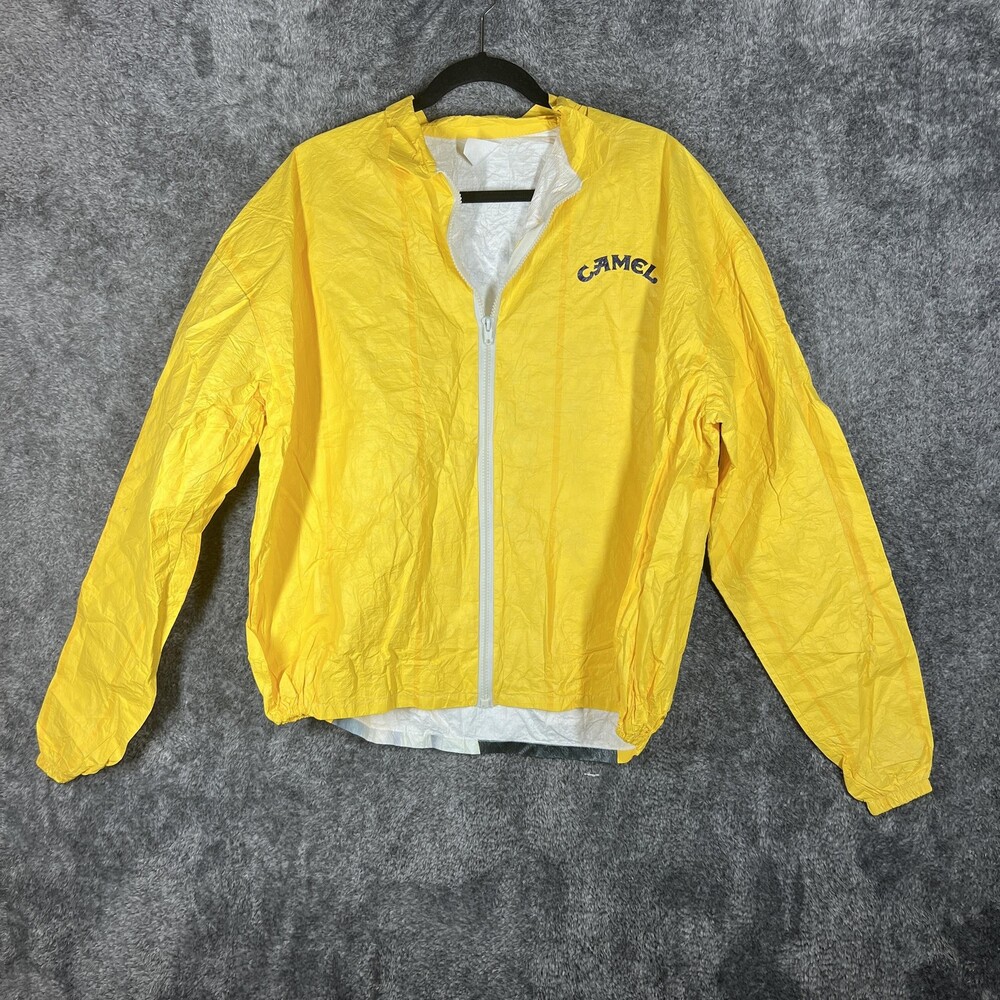 Vintage Camel Jacket Mens XL Yellow Tyvek Windbreaker Cartoon Graphic Promo 90s